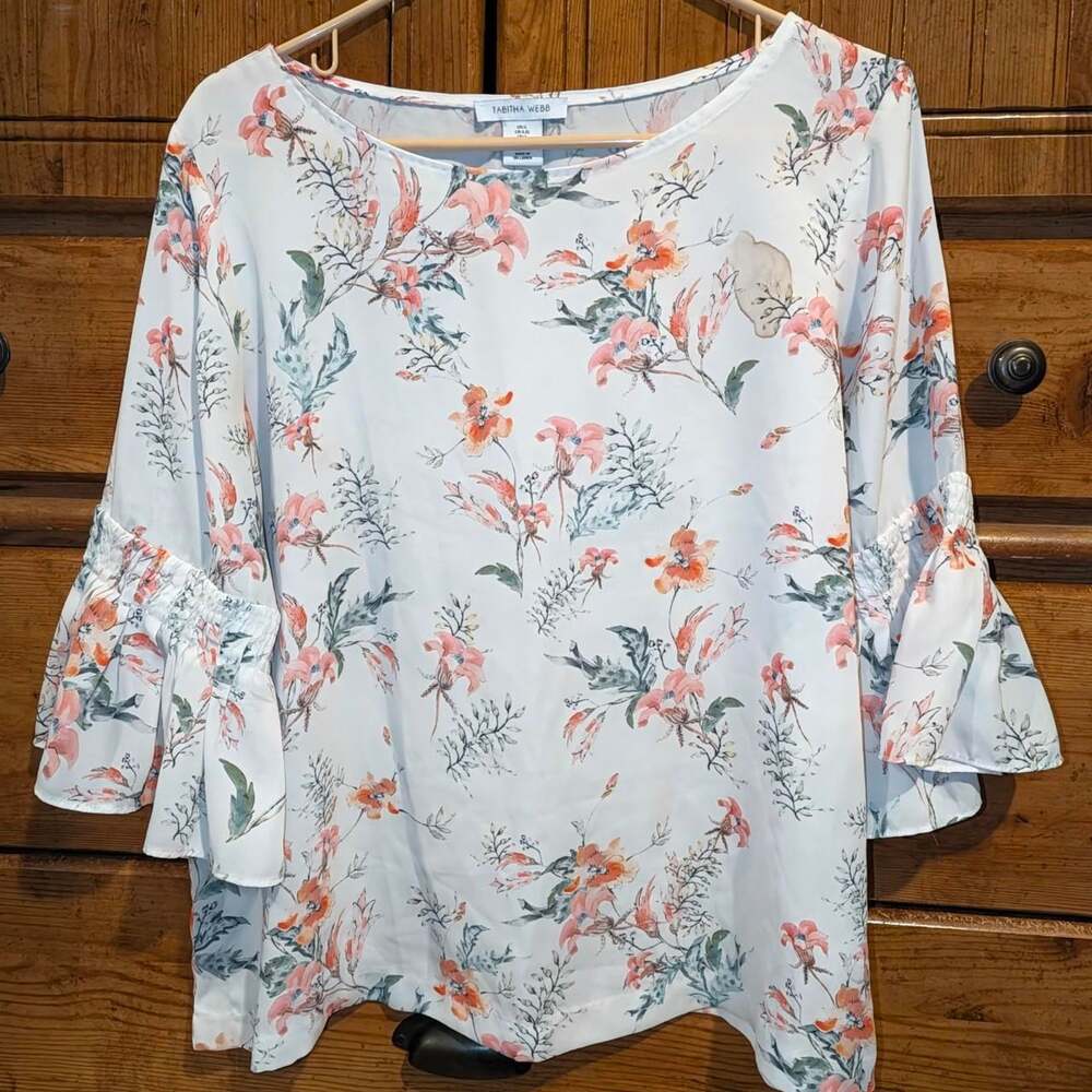 Tabitha Webb White Floral Bell Sleeve Blouse Top Size Large Boho 3/4 Flounce